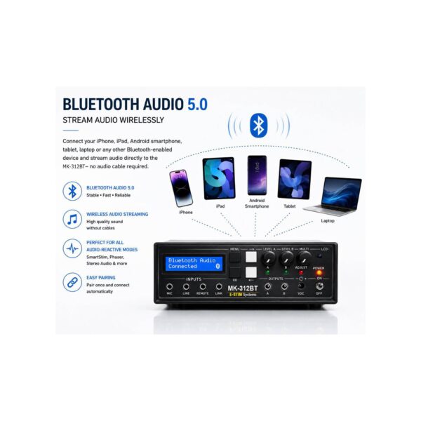 MK-312BT Estim Device with Bluetooth Audio 5.0 wireless audio streaming support for iPhone, iPad, Android smartphones, tablets and laptops.