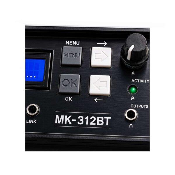 MK-312BT Front Panel Controls and Navigation System Close-up view of the MK-312BT front panel showing menu buttons, LCD display, output controls, status indicators and professional control layout.