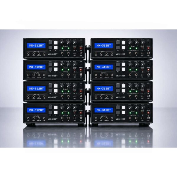 MK-312BT Production Batch and Quality Control Testing Ten MK-312BT electrostimulation devices arranged in a production batch during final assembly and quality control testing with illuminated LCD displays and status indicators.