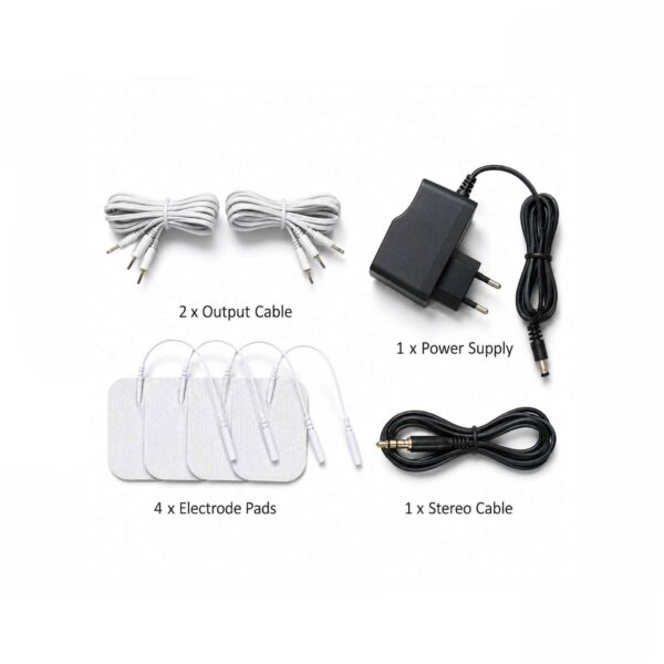 MK-312BT Standard Accessory Package and Included Components MK-312BT accessory package including two output cables, four self-adhesive electrode pads, stereo audio cable and universal power supply.