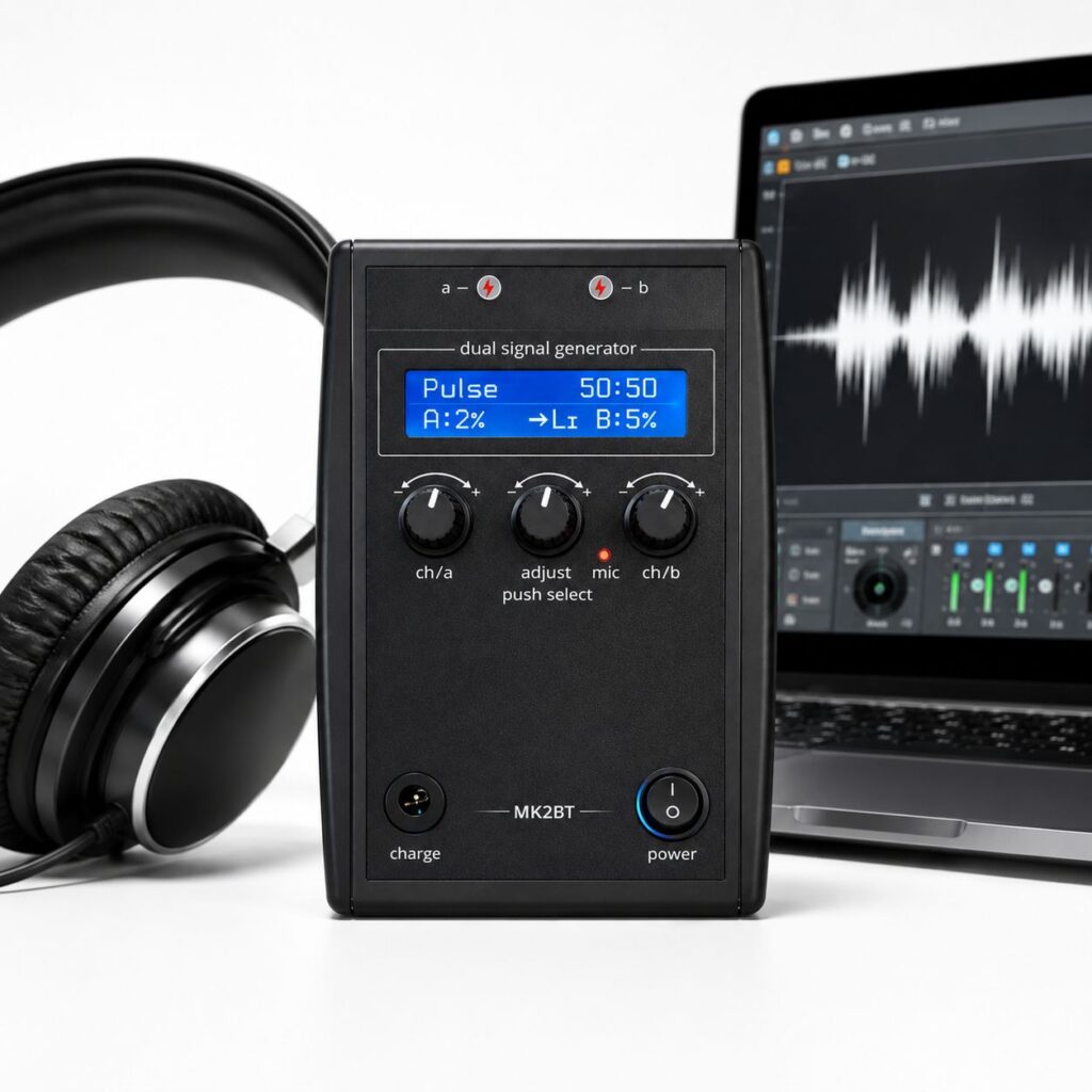 MK2B E-Stim control box with headphones and laptop in modern audio-reactive setup