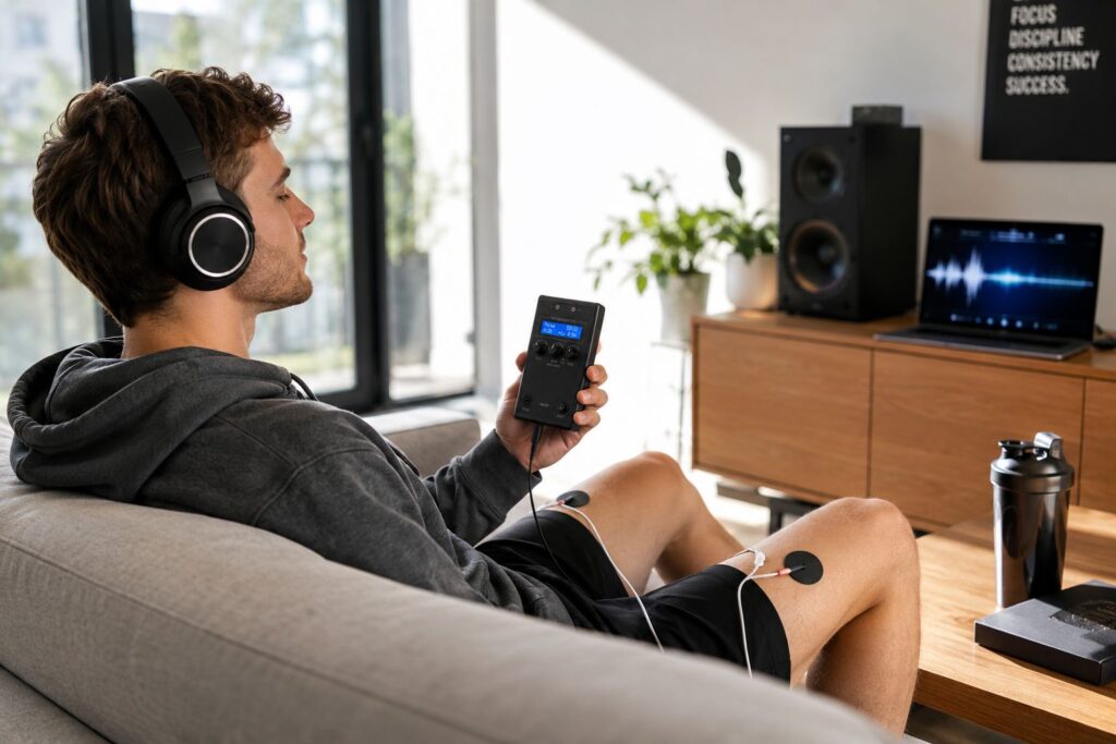 Person using MK2B E-Stim device with headphones in modern apartment