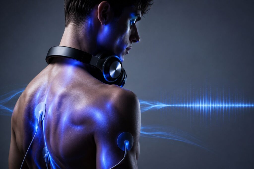 Futuristic human silhouette with audio-reactive electrostimulation concept