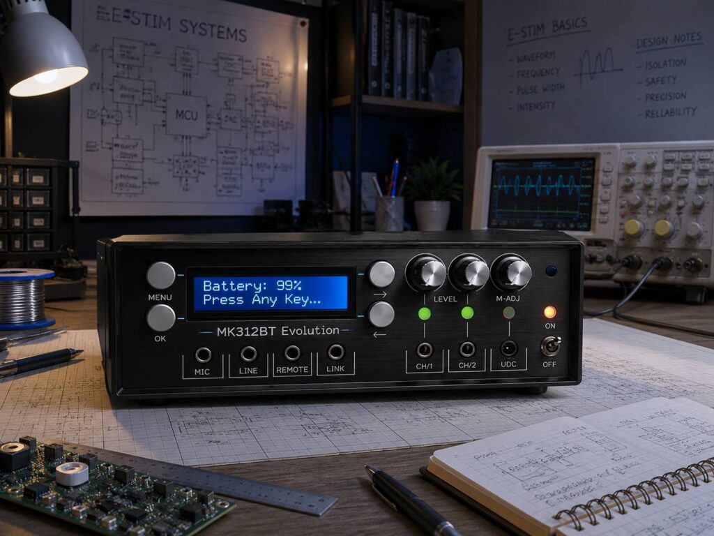 MK312BT Evolution advanced E-Stim signal generator in electronics development laboratory