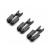 Three black conductive E-Stim electrode clamps on white background