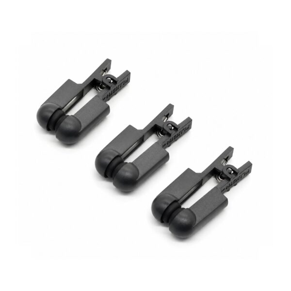 Three black conductive E-Stim electrode clamps on white background