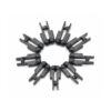 Three conductive stimulation clamps arranged on white studio background