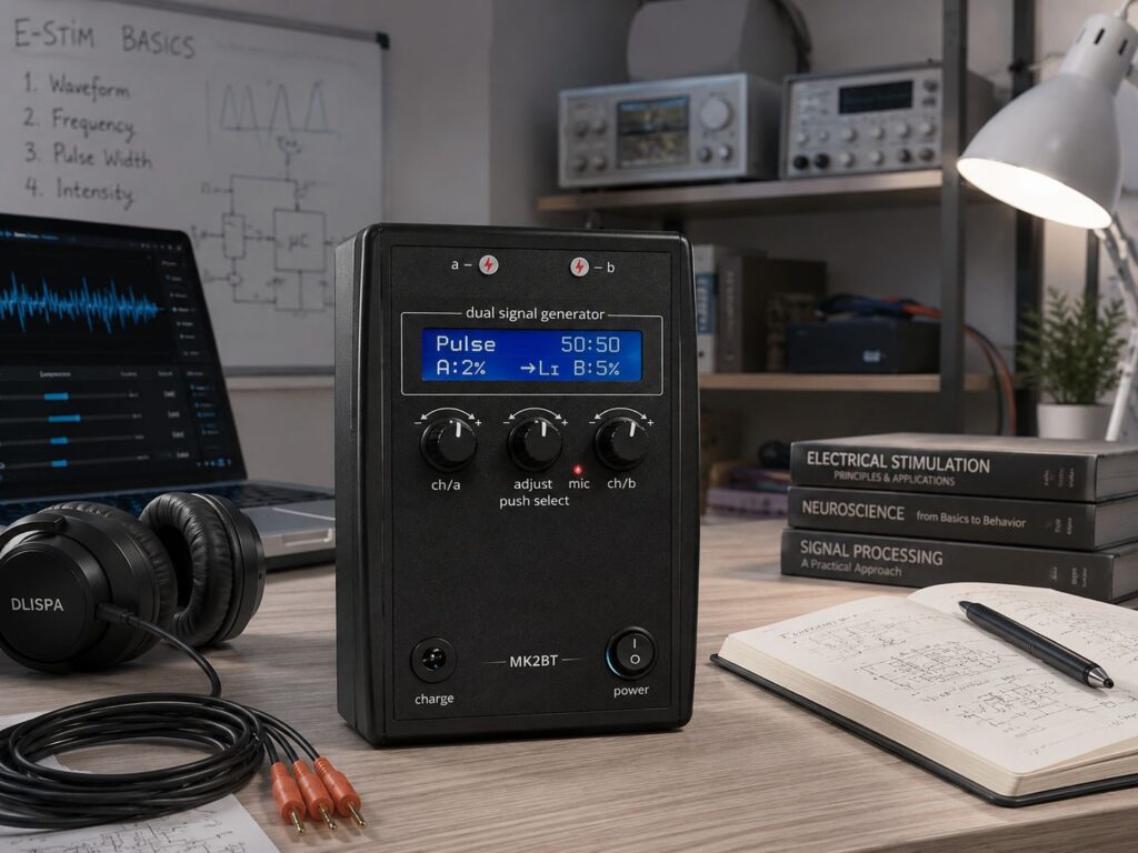 MK2B Evolution E-Stim control device in modern electronics engineering workspace with headphones and waveform monitor