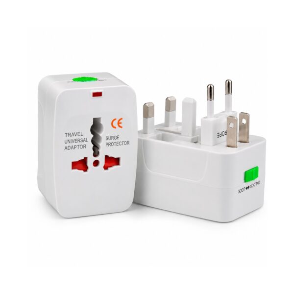 Universal Travel Adapter front and rear view for worldwide use.