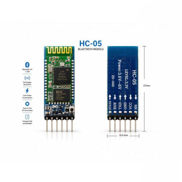 HC-05 Bluetooth 2.0 serial communication module showing front and rear views, used for wireless Android-based remote control and serial communication with the MK-312BT.