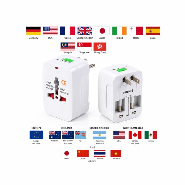 Universal Travel Adapter – Worldwide Compatibility Universal Travel Adapter with international country flags.