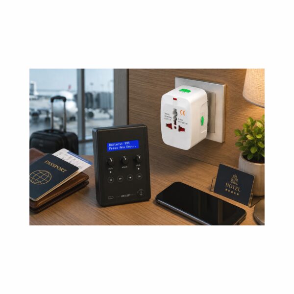 Travel with Your DLISPA Device Worldwide Universal Travel Adapter powering a DLISPA MK312BT Mini in a hotel room.